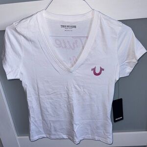 True Religion Ombré Crystal White V-Neck Women's T-Shirt Size Small NWT